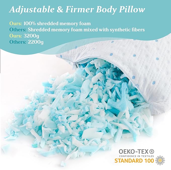 Dreamood Cooling Body Pillow Firmer 3200g 100% Shredded Memory Foam Body Pillows for Adults Side Sleeper Pregnancy Full Body Pillow 20x54 inch Adjustable with Washable Cover