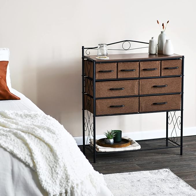 Household Essentials Walnut Iron 8-Drawer Sideboard with Mid-Century Detailing