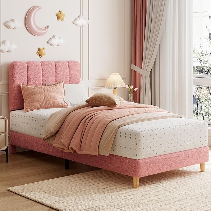 GarveeHome Twin Bed Frame, Upholstered Platform Bed with Wave Headboard for Girls/Kids, Easy Assembly, Wooden Slats Support, No Box Spring Needed, Boucle Pink