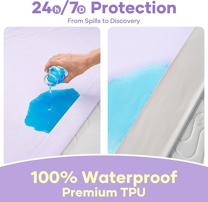 OhGeni 100% Waterproof Mattress Protector, Queen Size Purple, Fitted Sheet with Deep Pockets, 6''-18'', Premium Noiseless Breathable Soft Material, Mattresses Cover for Bed