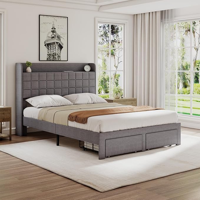 DUMOS Full Size Upholstered Platform Bed Frame, Full Bed with Storage Drawers and Fabric Headboard, Wooden Slats Support, 882 lbs Weight Capacity, No Box Spring Needed, Easy Assembly, Gray