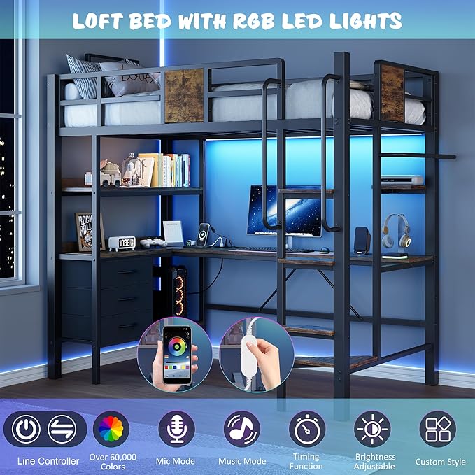 Garvee Twin Loft Bed with Desk and Stairs, Heavy Duty Loft Bed with RGB LED Lights, Charging Station, 3 Fabric Storage Drawers & 2 Open Shelves, No Box Spring Needed