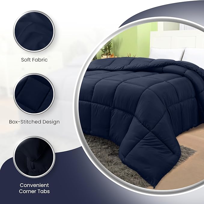 Utopia Bedding Comforters King Size, All Season Duvet Insert, Down Alternative Box Stitched Bed Comforter with Corner Tabs, Machine Washable (Navy)