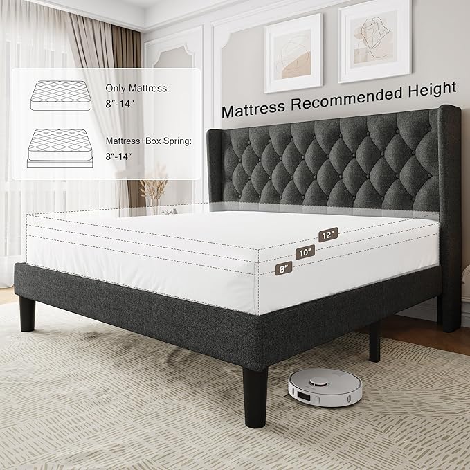 Einhomn King Size Platform Bed Frame with Upholstered Wingback Headboard, 12" Under Bed Space, Wooden & Metal Slats Support, No Box Spring Needed, Black