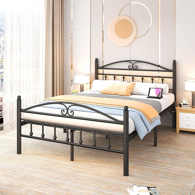Queen Bed Frame with Headboard,Black Metal Platform Bed Frame Queen Size with LED Lights & Charging Station,Heavy Duty Metal Steel Slats,No Box Spring Needed,Noise Free,Easy to Assemble