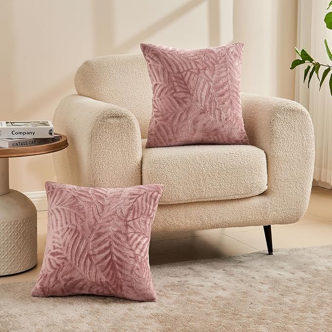 SOCHOW Decorative Throw Pillow Covers 20x20 Inches Set of 2, Soft Leaves Textured Flannel Fleece Pillowcase Square Cushion Covers for Sofa Couch Bed, Dusty Pink