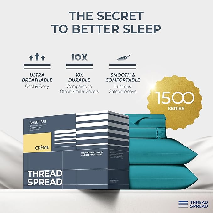THREAD SPREAD 100% Egyptian Cotton Sheets California King Size - 1500 Series Cal King Sheets Egyptian Cotton (4 PC, Teal), Silky Soft, Sateen Weave, Cooling & Breathable, 17" Deep Pocket Bed Set