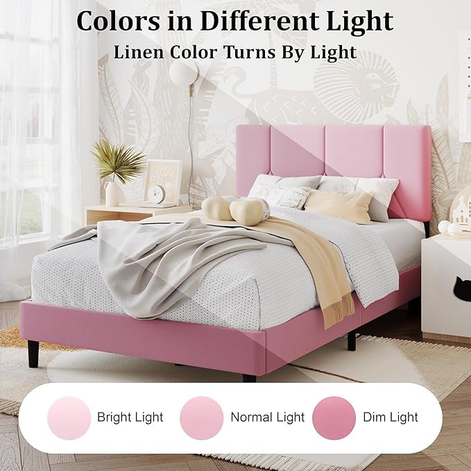 Twin Bed Frame, Padded Platform Bed Frame with Velvet Headboard, Vertical Quilted Design, Sturdy Slatted Mattress Base, No Spring Mattress Required, Easy to Assemble, Pink
