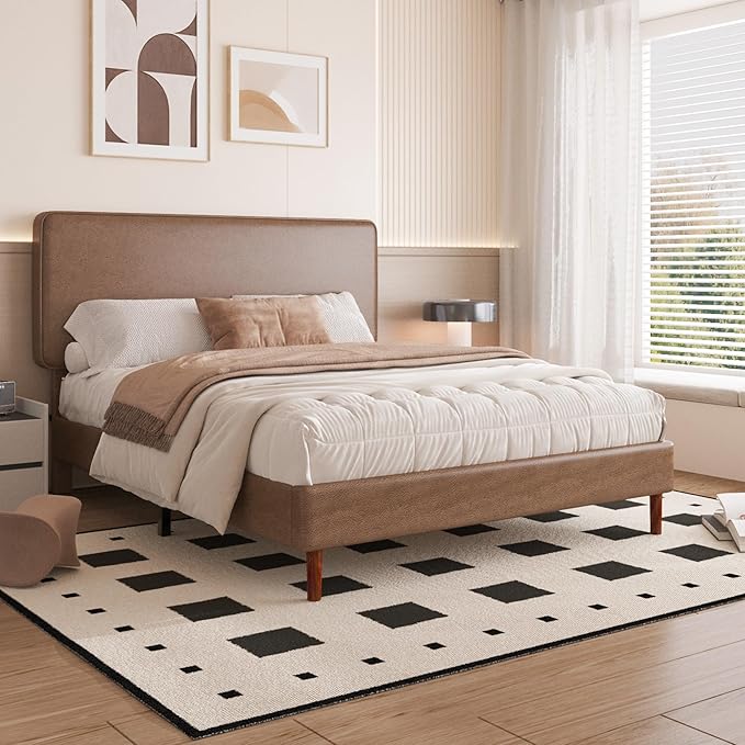 Queen Size Leather Platform Bed Frame with Adjustable Upholstered Headboard, Solid Wooden Legs, No Box Spring Needed, Easy Assembly, Noise Free, Brown