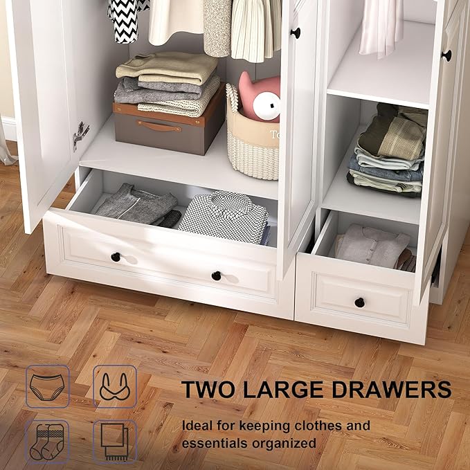 Armoire Wardrobe Closet with Drawers: 74" White Wardrobe Close with 3 Doors, Tall Armoire with Hanging Rod, Large Wood Clothes Cabinet for Bedroom (White, 47")