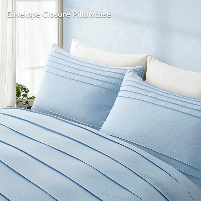 Oli Anderson Airy Blue Duvet Cover Queen Size - Pleated Queen Duvet Cover, 3PCS Soft and Breathable Textured Bedding Set with Zipper Closure(Airy Blue,90"x90")