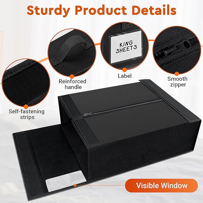 StorageTastic 4 Pack Bed Sheet Closet Organizers and Storage,Sturdy Foldable Storage Containers with Window and Label,Storage and Organization for Bedding Sheets,Duvet Covers,Blankets (Black)