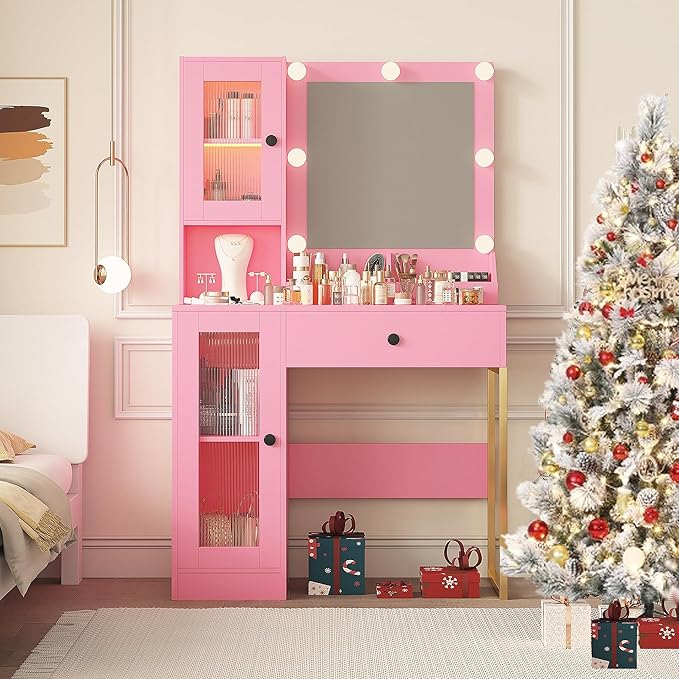 IDEALHOUSE Makeup Vanity Desk with Mirror and Lights, Vanity Table with Charging Station, 2 Open Compartments, 2 Acrylic-Door Cabinets, and RGB Lights Wood Dressing Table for Bedroom