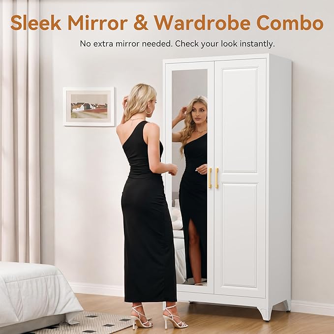 Polup Metal Armoire Wardrobe Closet with Mirror, 71" Tall Steel Clothing Storage Cabinet with 2 Doors, Hanging Rod and Adjustable Shelves, Freestanding Clothes Organizer for Bedroom, Office, White