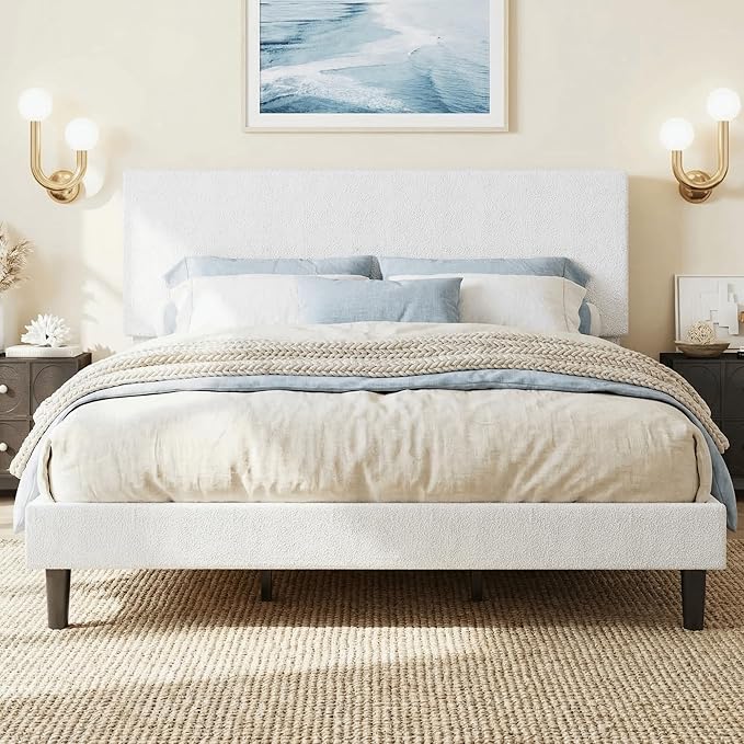 SHA CERLIN King Size Platform Bed Frame with Adjustable Headboard and Wooden Slats Support, Boucle Upholstered Mattress Foundation, No Box Spring Needed, Easy Assembly, Soft White