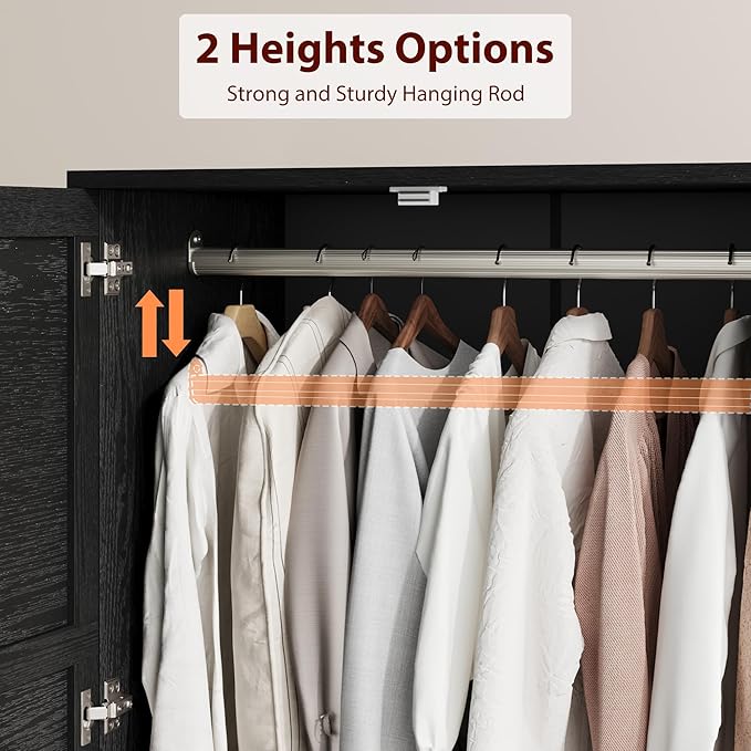 GarveeHome Armoire Wardrobe Closet with 2 Drawers,72 in Wooden Wardrobe Cabinet with Hanging Rod, Tall Clothing Armoire Cabinet with Doors and 18 Adjustable Shelves for Bedroom, Clothes, Black