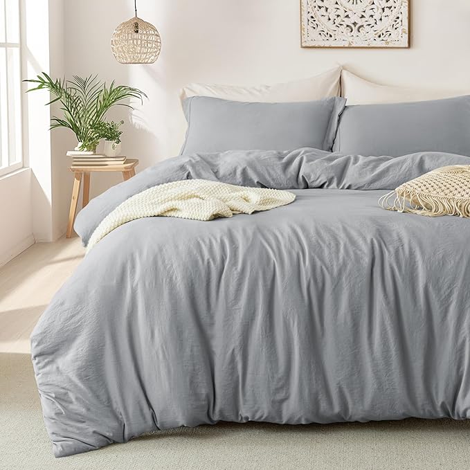 MILDLY Super Soft Duvet Cover - 100% Washed Microfiber Light Grey Comforter Cover Set 3 Pieces with Zipper Closure & Corner Ties (No Comforter)