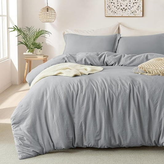 MILDLY Super Soft Duvet Cover - 100% Washed Microfiber Light Grey Comforter Cover Set 3 Pieces with Zipper Closure & Corner Ties (No Comforter)