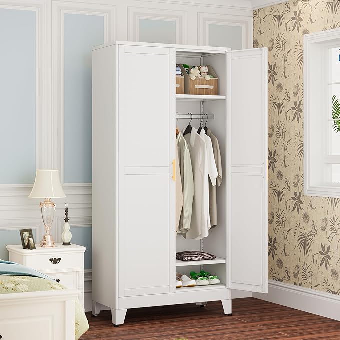 winiowa Metal Armoire Wardrobe Closet with 2 Doors, 71" Wardrobe Cabinet with Adjustable Shelves and Hanging Rod, Clothing Storage Cabinet Closet for Bedroom-White