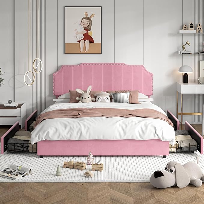 VECELO Full Upholstered Platform Bed Frame with 4 Storage Drawers,Velvet Vintage Full Bed with Nailhead Trim,Tufted Height Adjustable Headboard,Wooden Slats/No Box Spring Needed/Easy Assembly