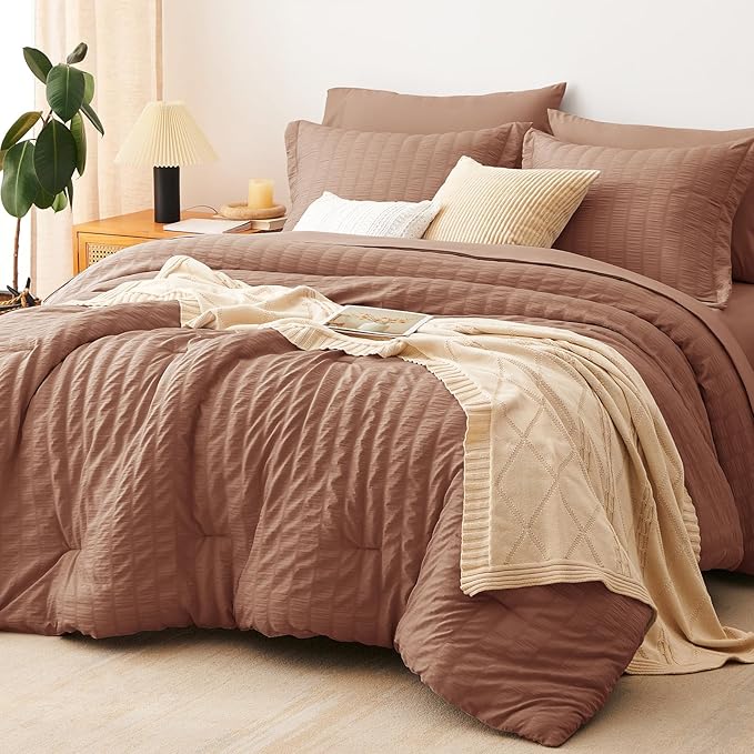 CozyLux Full Size Comforter Sets with Sheets 7 Pieces, Mocha Mousse Seersucker Bed in a Bag Textured Luxury Soft Bedding Set with Down Alternative Comforter, Sheets, Pillowcases & Shams for All Season