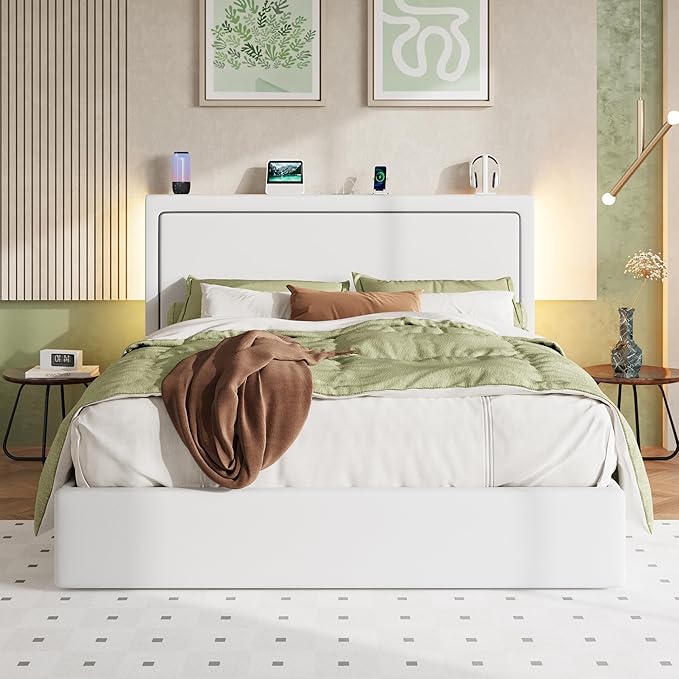 Allewie Queen Size Lift Up Storage Bed Frame with Charging Station & LED Lights, Adjustable Velvet Upholstered Storage Headboard, Type-C & USB Ports, Hydraulic Support, No Box Spring Needed, White