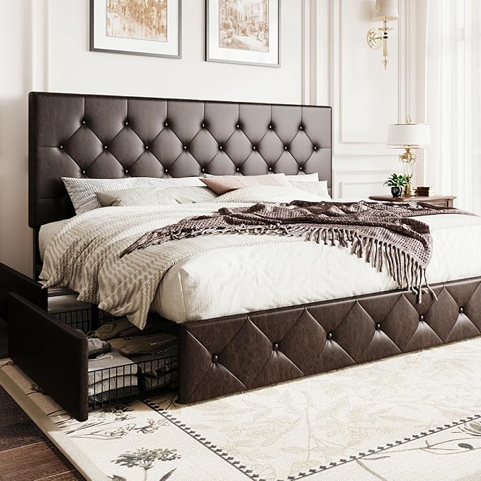 SHA CERLIN Upholstered King Size Platform Bed Frame with 4 Storage Drawers, Adjustable Headboard with Diamond Stitched Button Tufted Design, Wooden Slat Support, No Box Spring Needed, Black Brown