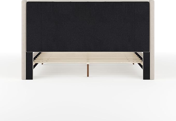 Martha Stewart Britta Platform Bed with Headboard & Footboard, Faux Linen Upholstery with Piping Detail, Rounded Headboard, No Box Spring Needed, Queen, Beige