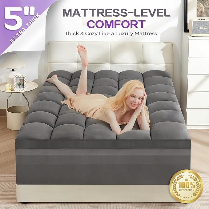 SINWEEK Dual Layer 5 Inch Memory Foam Mattress Topper Twin XL Size for Dorm Room, 2 Inch Gel Memory Foam Plus 3 Inch 1450 GSM Pillow Top Mattress Pad Cover, College Dorm Essentials, Dark Gray