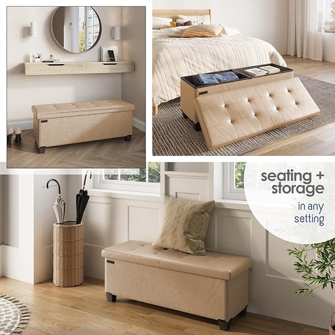 Storage Ottoman Bench with Bins, 43-in Storage Bench for Bedroom End of Bed, Folding Foot Rest Ottoman for Living Room Max 660lbs, Leather Ottomans, Taupe