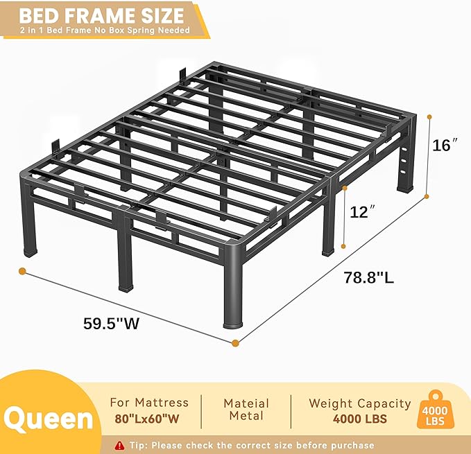 16 Inch Queen Bed Frame Heavy Duty, Metal Double Layer Steel 4000 lbs Capacity, Platform with Large Under Bed Storage Space, No Box Spring Needed, Noise-Free, Easy Assembly