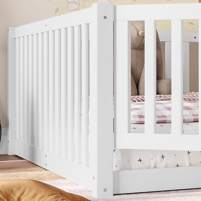 Bellemave Full Size Montessori Floor Bed with 23.5" High Rails, Pine,Plywood Full Floor Bed with Small Door, White