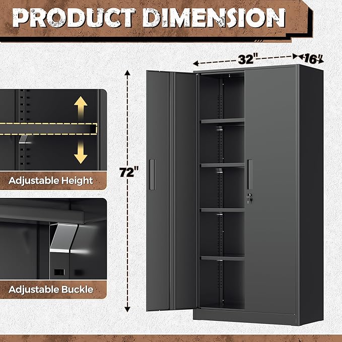 INTERGREAT Metal Lockable Storage Cabinet, 72” Storage Cabinet with 2 Doors and 4 Adjustable Shelves for Office, Home, Garage, Pantry (Assembly Required, Black)