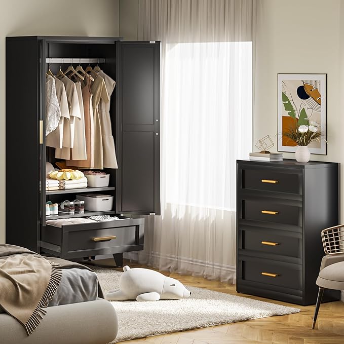Baborokic Metal Wardrobe Cabinet,71 Armoire Wardrobe Closet with Drawers and Hanging Rod,Metal Armoire with Adjustable Shelves for Closet,Bedroom,Farmhouse Storage Cabinet with Drawer(Black)