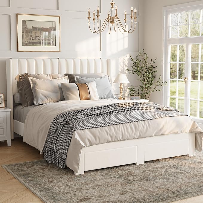 Garvee Queen Size Bed Frame, Velvet Upholstered Bed Frame with Wingback Headboard, 2 Storage Drawers, No Box Spring Needed, White