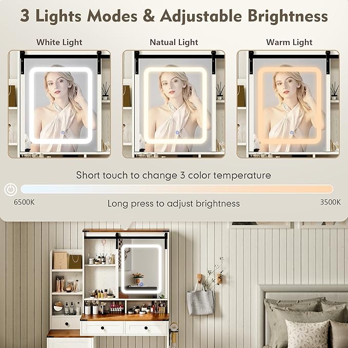 KAMABOKO Vanity Desk with Lighted and Mirror, White Makeup Table with Drawers and Charging Station, 3 Model Adjustable for Bedroom & Dressing Room (041 Brown)