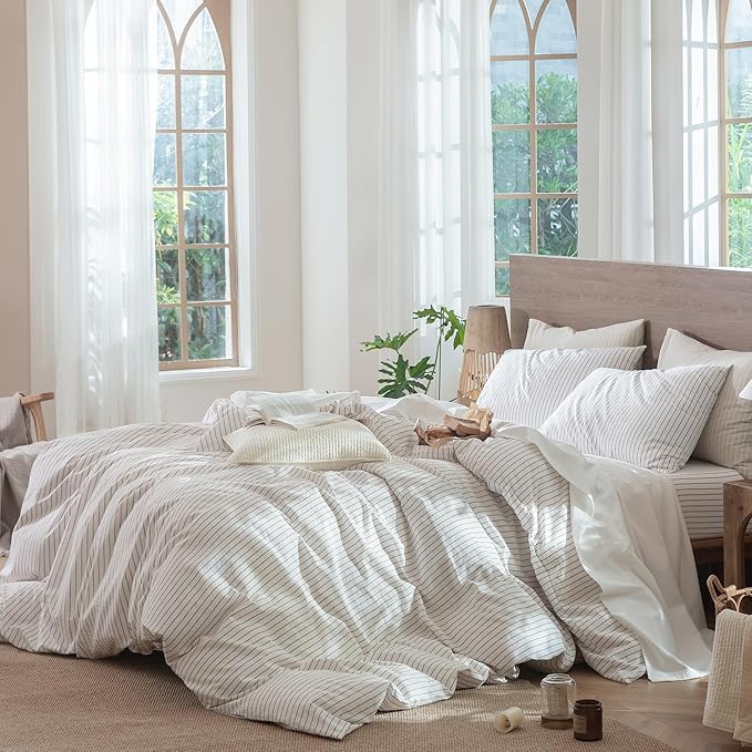 MooMee Striped Duvet Cover Set 100% Washed Cotton Linen Like Textured Breathable Durable Soft Comfy (White Orange Wide Stripes, Super Queen 90"x98")