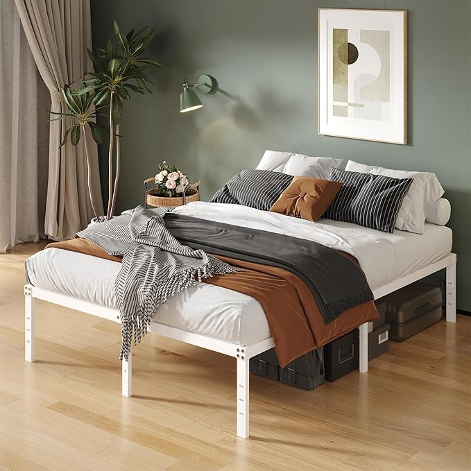 Upcanso 16 Inch White Full Size Bed Frame No Box Spring Need, Metal Platform Full Bed Frames with High Storage, Eassy Assembly 3,500 lbs Heavy Duty Bedframes