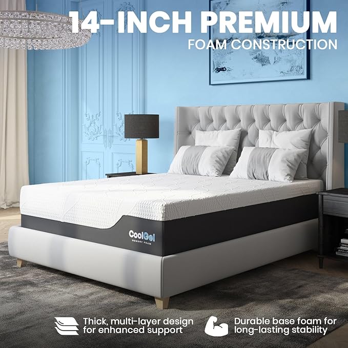 COOL GEL Chill Memory Foam 14-Inch Mattress with Pillow, CertiPUR-US Certified, Mattress in a Box, Twin XL, White