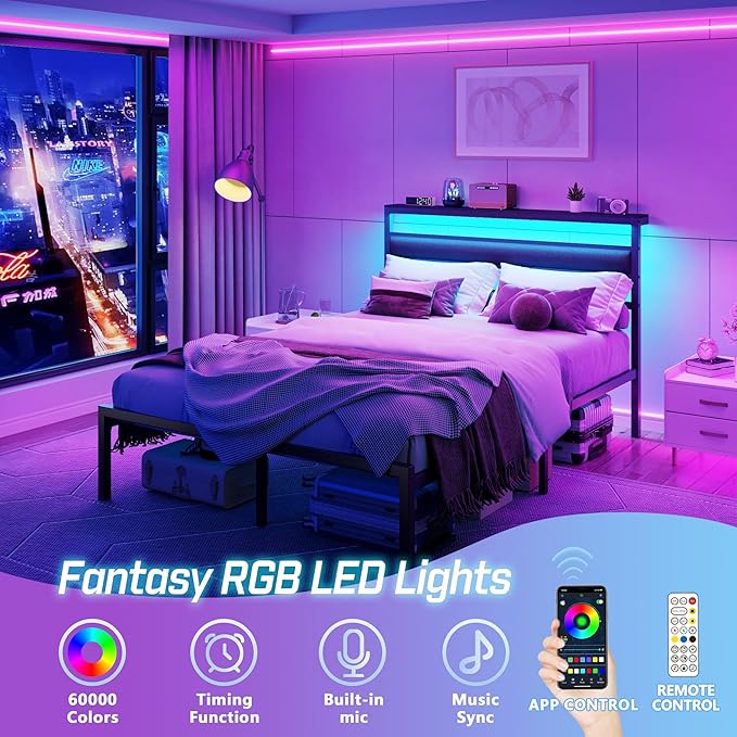 OURPIC Full Size Bed Frame, Bed Frame Full with LED Lights and Charging Station Headboard, Black Metal Platform Bedframe and Storage Shelf, No Box Spring Needed, Noise Free