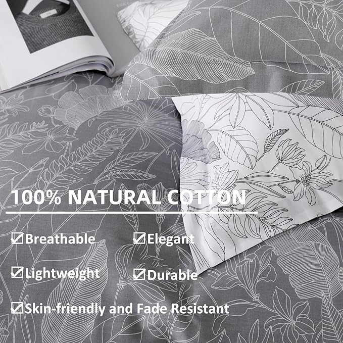 OAITE Duvet Cover Set,100% Cotton Comforter Cover with Leaf Pattern Duvet Cover Set,Soft Bedding Set Includes with 3 Piece (2 Pillow Shams,1 Duvet Cover)