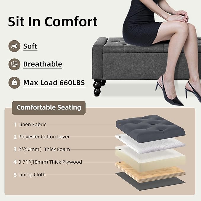 50" W Storage Ottoman Bench with Safety Hinge, Load up to 660 lb Ottoman with Storage, Upholstered Tufted Entryway Bench with Seating for Living Room, Bedroom, Entryway, Dark Gray