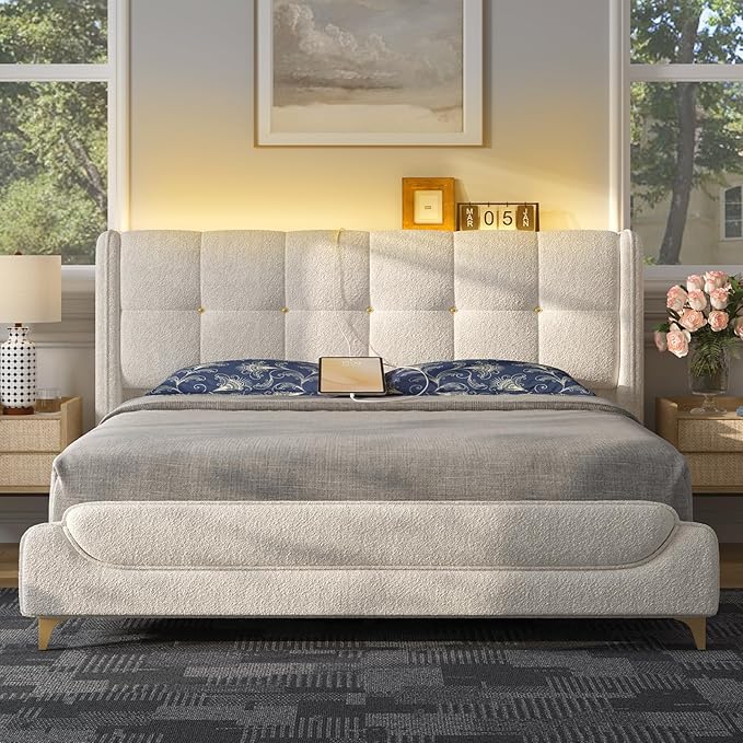 Novilla King Size Bed Frame with Charging Station & LED Lights, Upholstered French Luxury Platform Bed with Wingback Headboard, Lamb Wool Fabric, No Box Spring Needed, Easy Assembly, Cream White