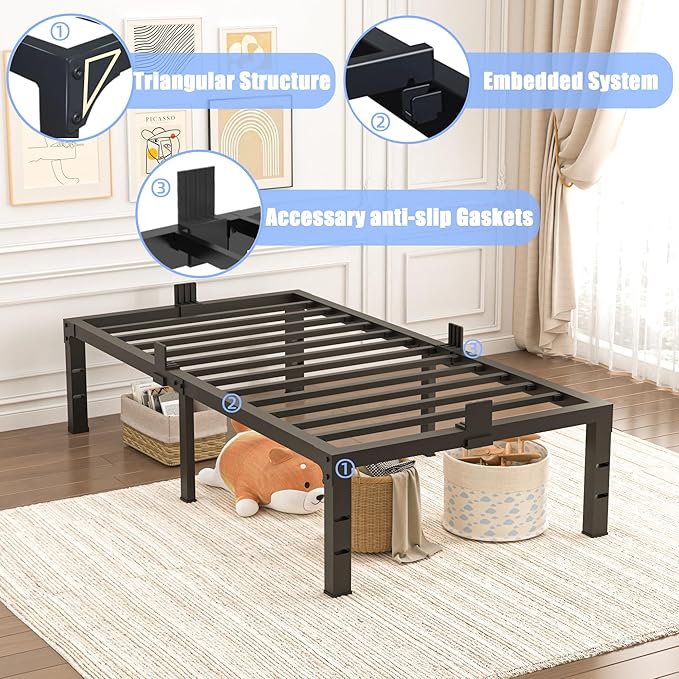 Yitong Angel Twin Size Bed Frames 18 inch High 3500 lbs Heavy Duty Metal Platform, Mattress Foundation with Steel Slat Support/No Box Spring Needed/Noise Free/Non-Slip/Easy Assembly
