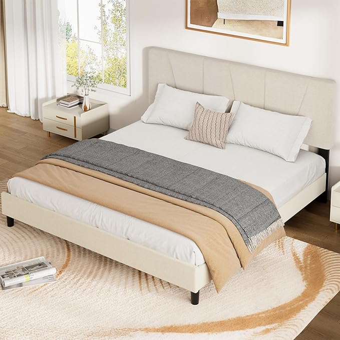 King Size Upholstered Platform Bed Frame with Adjustable Headboard, Fits 8-14 Inch Mattress, Heavy Duty Bed Frame with Wooden Slats Support, Noise-Free, Non-slip, No Box Spring Needed, Easy Assembly