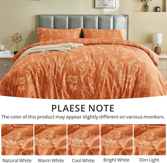 MUXHOMO Duvet Cover King Size, Reversible Floral Caramel Duvet Cover Set with Zipper Closure, 3 Pieces Botanical Patterns Soft Microfiber Bedding Set with 4 Ties (90"x104", 2 Pillow Cases)