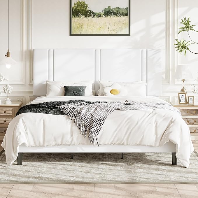 Allewie King Size Platform Bed Frame with Adjustable Headboard, Plush Velvet Upholstered, Vertical Channel Tufted, Sturdy Wooden Slats, No Box Spring Needed, Easy Assembly, White