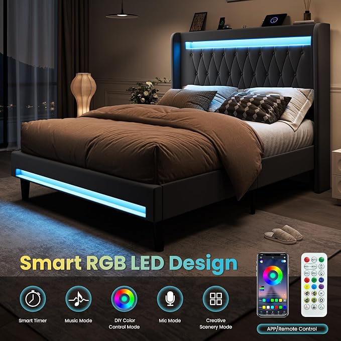 SHA CERLIN Queen Size LED Bed Frame with Charging Station, Velvet Upholstered Platform Bed with High Wingback Headboard, No Box Spring Needed, Easy Assembly, Grey