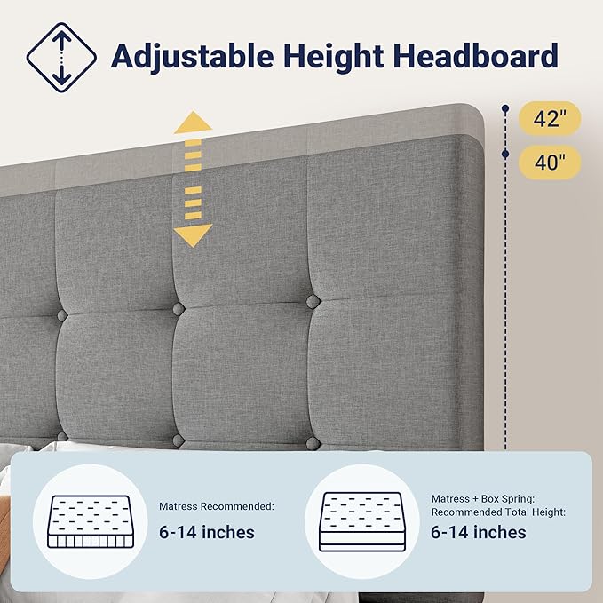 Allewie Upholstered King Size Platform Bed Frame with 4 Storage Drawers and Headboard, Square Stitched Button Tufted, Mattress Foundation with Wooden Slats Support, No Box Spring Needed, Light Grey