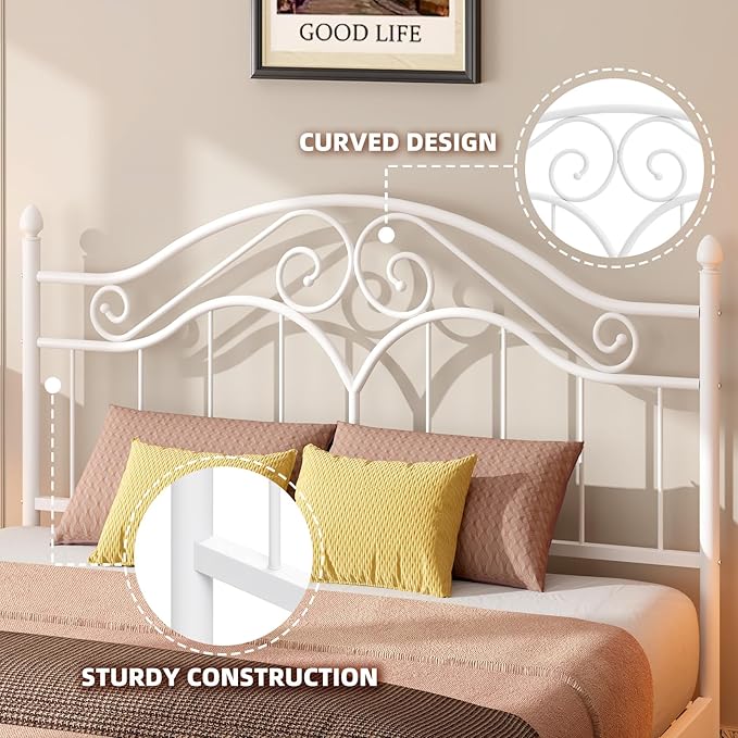 Elephance Headboard for Queen Size Bed Frame, Vintage Platform Bed Metal Headboard Only, Height Adjustable, Sturdy and Stable, Queen Size, Easy Assembly,White